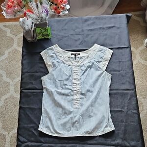 BCBGMaxAzria Light Blue and White Striped Cap Sleeve Blouse